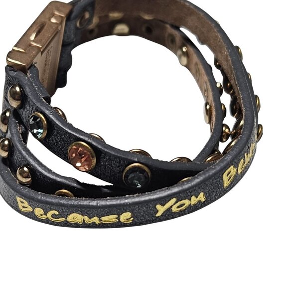 Goodworks Black Leather Wrap Bracelet Gold Tone Hardware Rhinestone Accents - Picture 3 of 8